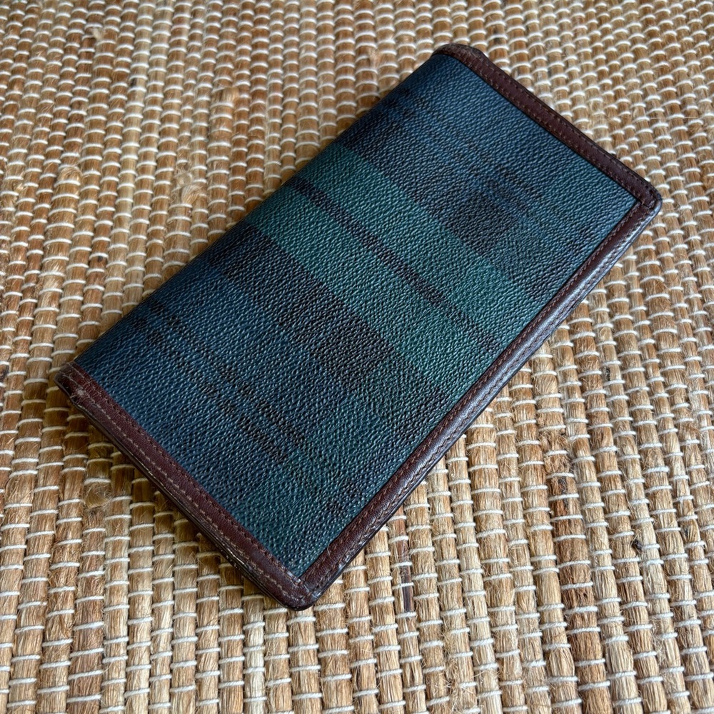 Vintage POLO Ralph Lauren Green Blue Plaid Bifold Leather Wallet With Brown Trim - Picture 9 of 12